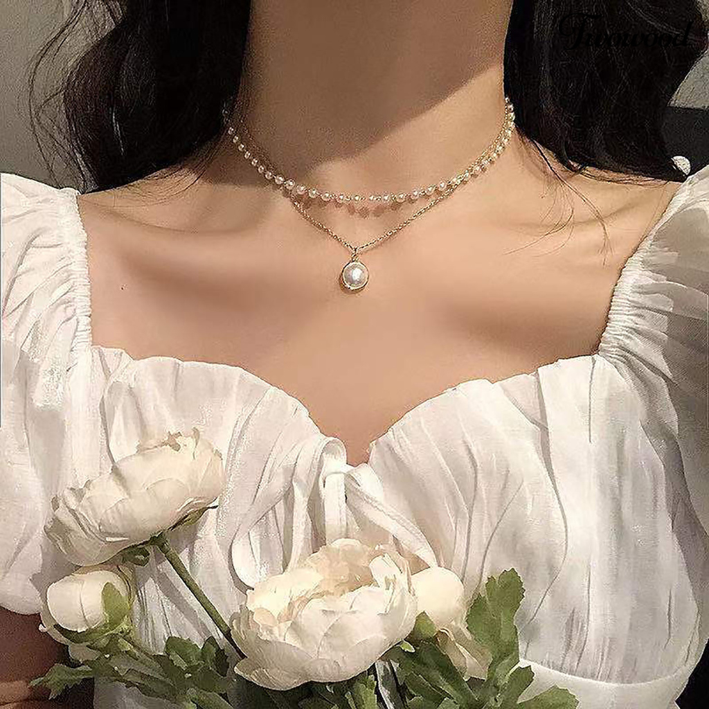 Kalung Rantai Klavikula Model Double Layer Aksen Mutiara Bahan Alloy Untuk Wanita