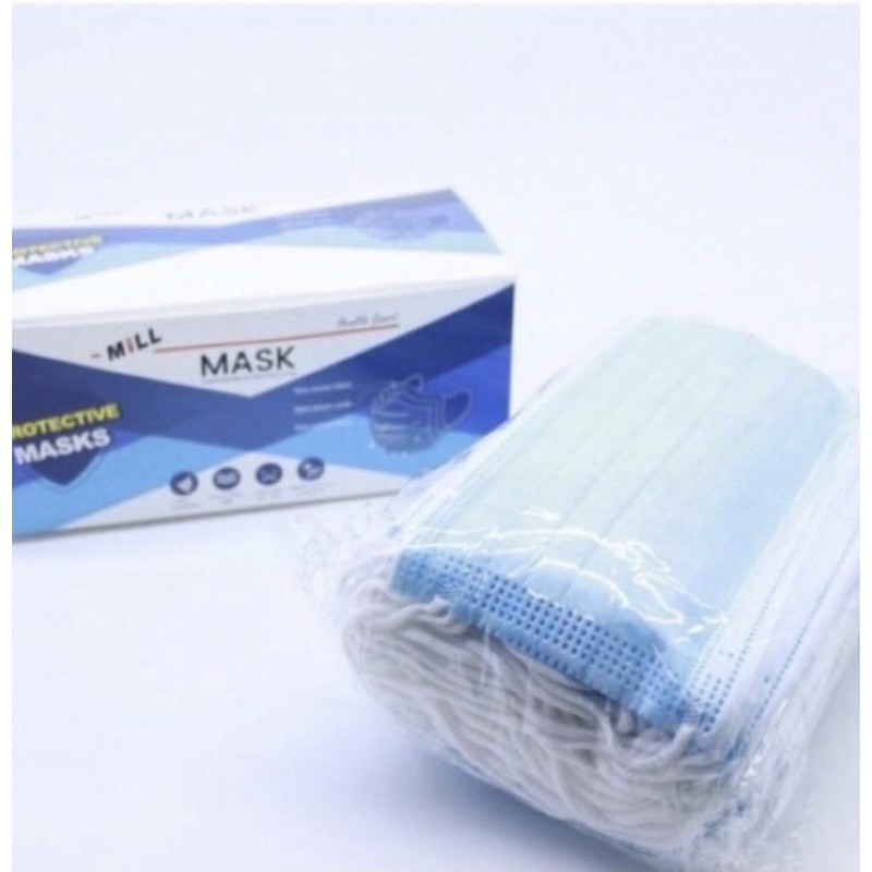 Masker RS MILL Karet Earloop Biru - Masker Dokter Mulut 3 ply 1 box isi 50 pcs Masker Mulut