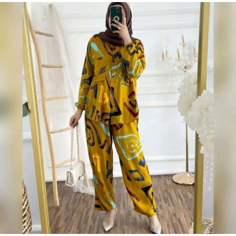 ONE SET PANJAMAS BUSUI || LD 105 -108 || STELAN WANITA || ONE SET RAYON MOTIF KEKINIAN-LIVY set