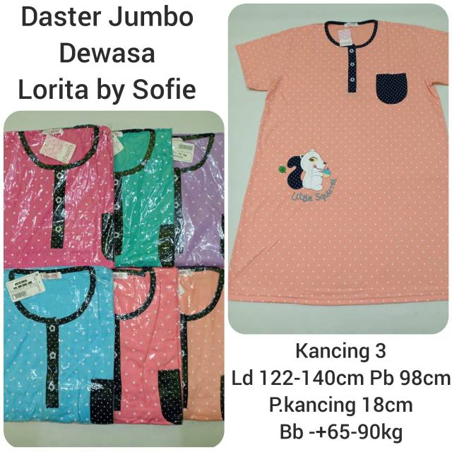 Daster kaos jumbo dewasa Lorita by Sofie daster kancing depan jumbo big size Ld 122cm-140cm