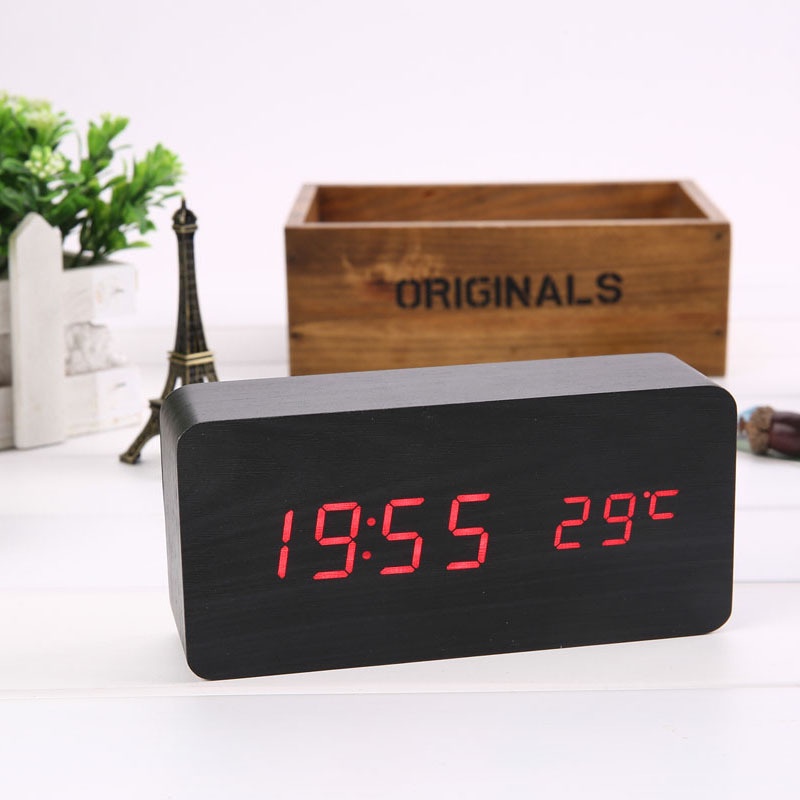 Jam kayu / Jam kayu elektronik / Jam Alarm Led Digital dengan Kontrol Suara / Jam Digital / Jam Led