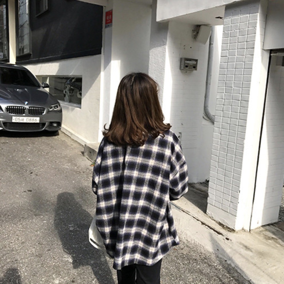 Kemeja Kotak-kotak Lengan Panjang Kasual Longgar Untuk Wanita