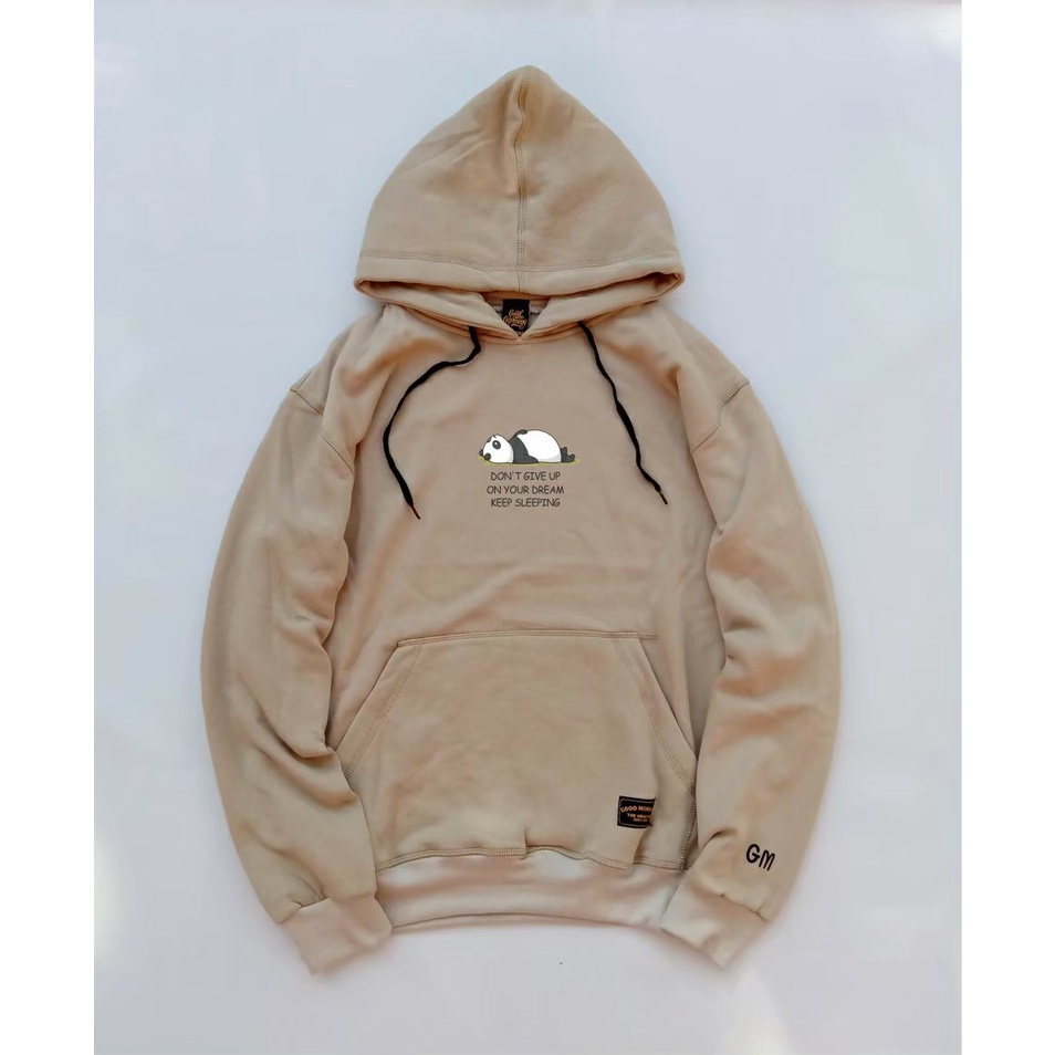 Good Morning hoodie sweater cowok sweatshirt cewek pria warna cream art panda tidur GMSH122