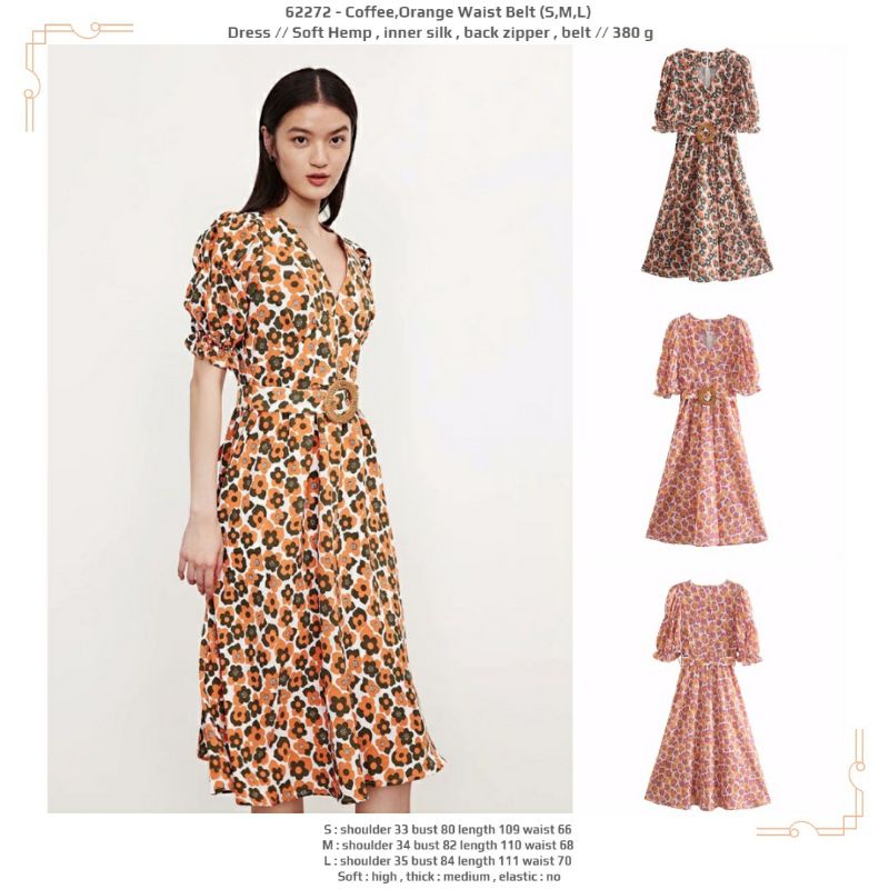 Dress midi premium bunga bunga orange coklat lengan pendek