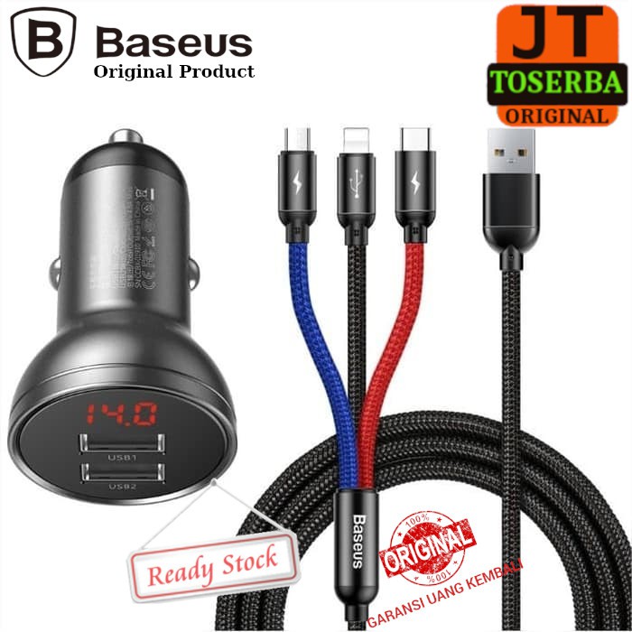 CHARGER HP MOBIL 24W + KABEL 3 IN 1 DUAL USB 4.8A BASEUS ORIGINAL CAR CHARGER HP MOBIL CAS HP MOBIL