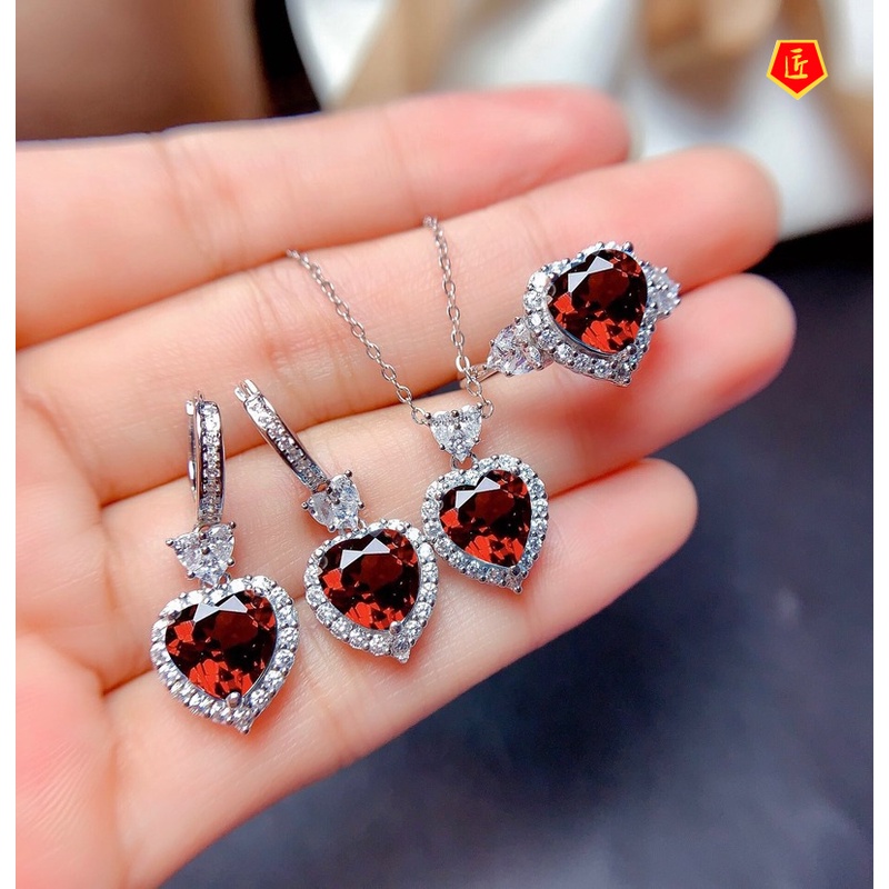 [Ready Stock]Natural Topaz Necklace Set Rings Garnet Stud Earrings