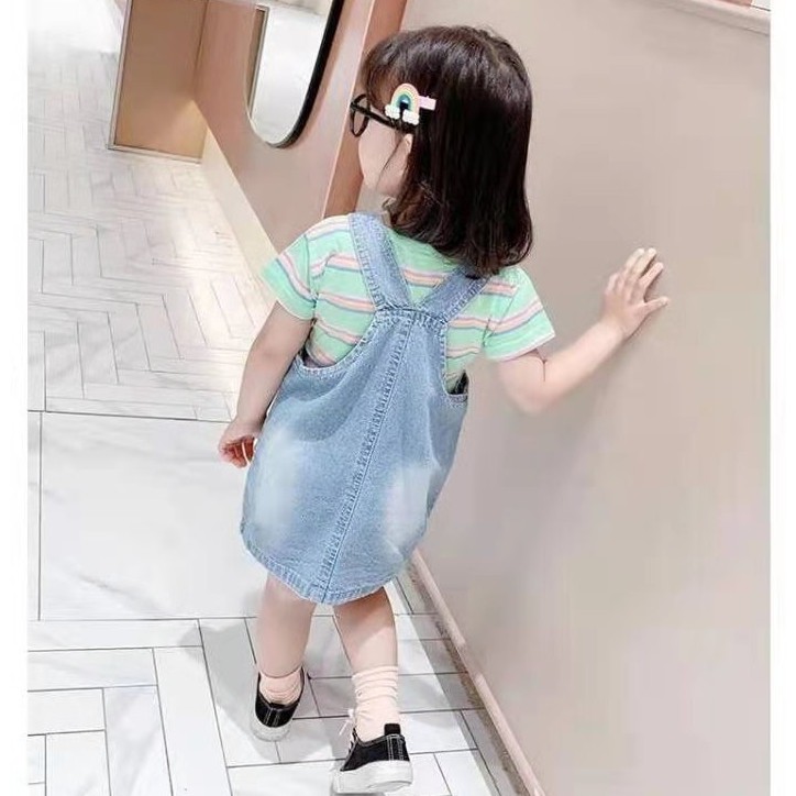 KF CAT Dress Jeans Overall Anak Perempuan Motif Stripe Rainbow Import Pakaian Anak Cewek 9bulan - 3tahun-6