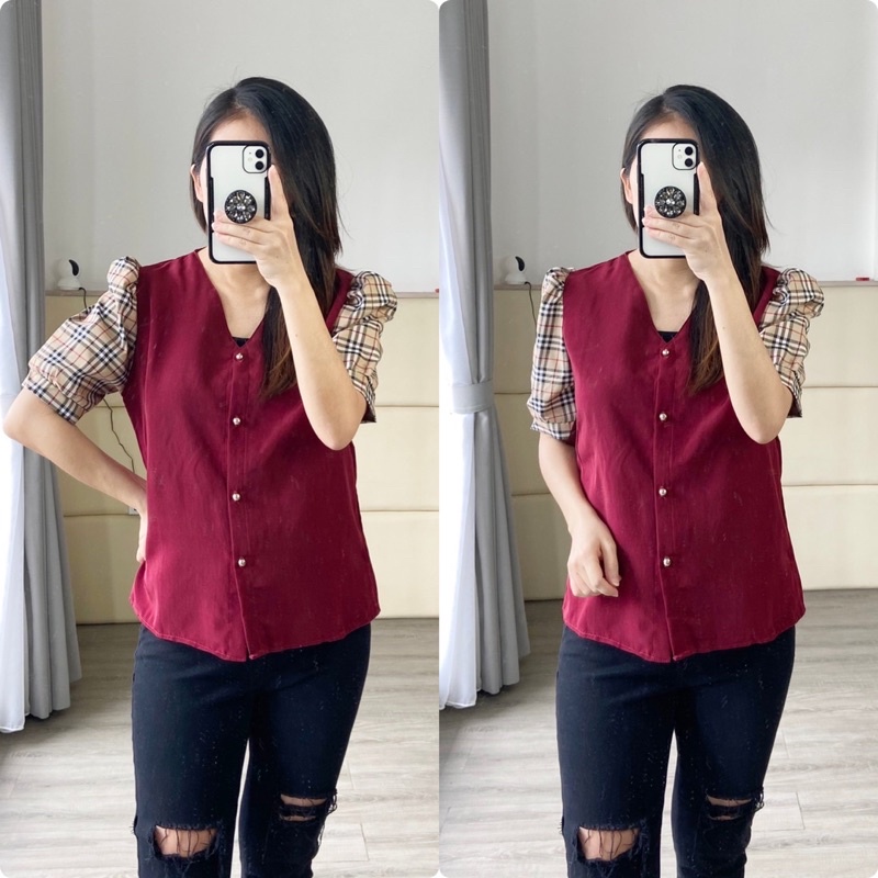 real pic atasan fashion wanita/ blouse wanita lengan pendek / blouse V neck fashion model korea