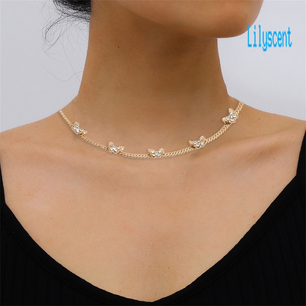 Kalung Choker Liontin Kupu-Kupu Aksen Berlian Imitasi Warna Solid Untuk Wanita