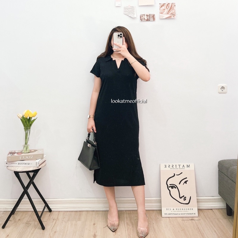 lookatmeofficial • Vivi Midi Knit Dress - Basic Casual Dress Kerah Polo Bahan Knit Premium