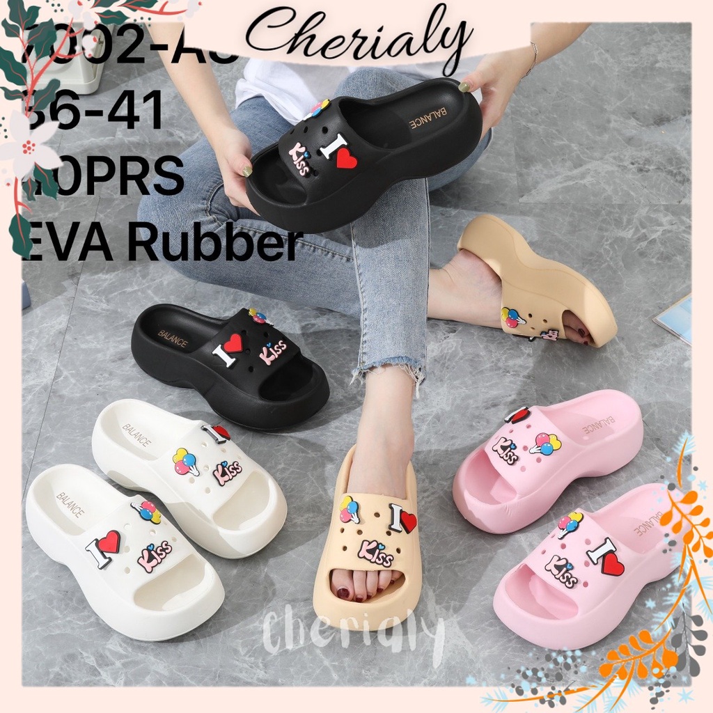 EVA Sandal Wanita Platform Wedges Karet Spons Ringan Tinggi 5 Cm Include jibbitz Motif Kiss Sol Rubber Anti Slip 7002-A8