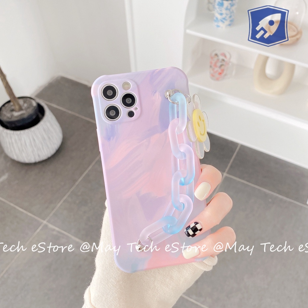 Casing iPhone Soft Watercolor dengan Hand Grip Rantai Pink Biru Smiley Flower iPhone X XS XR XSMAX 11 12 13 PRO PROMAX