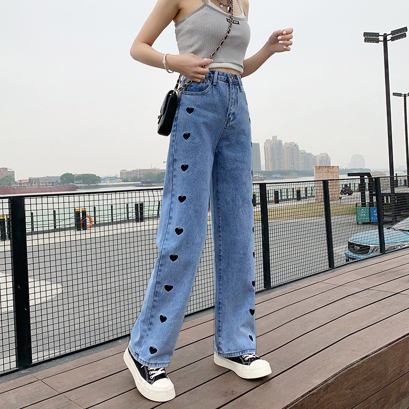 MAGCUN STORE Celana Kulot Jeans Highwaist wanita BF Jeans Bordir Love  Gaya Korea
