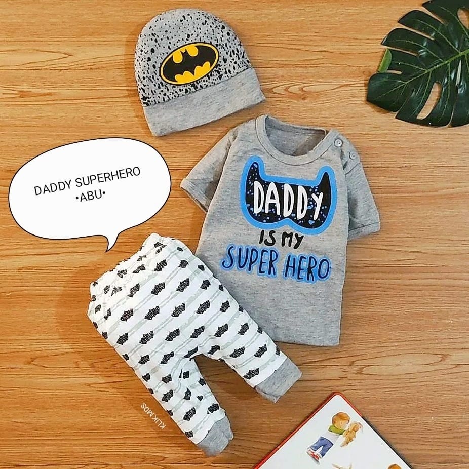 Baju Bayi Laki-Laki Setelan Anak Bayi Free Topi Pakaian Bayi Daddy is My Superhero 1 Ukuran