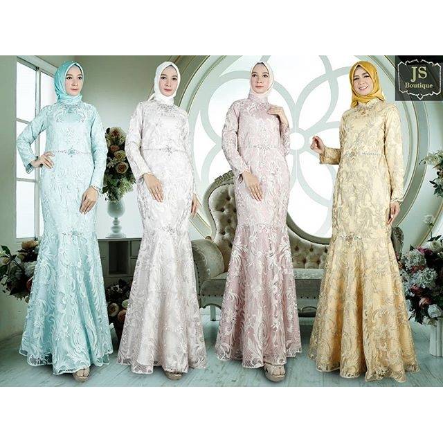 READY DRESS PESTA ORIGINAL BY JS COLLECTION / GAUN BRUKAT PREMIUM / GAMIS KONDANGAN MEWAH ELEGANT
