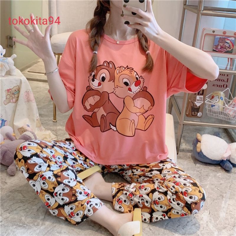 Piyama Import Wanita Lengan Pendek 1 Set Korea - Piyama Baju Tidur Lembut - Pakaian Tidur e