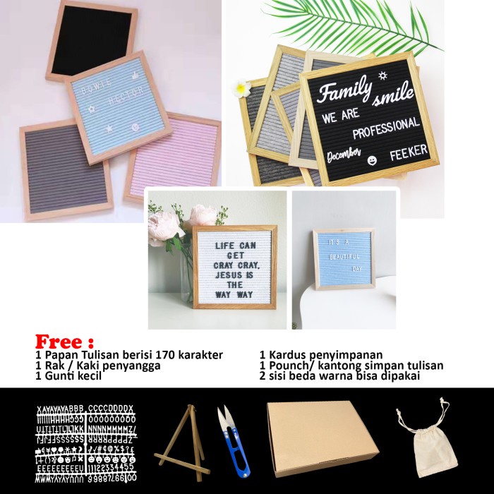 

READY PROMO Felt Letter board 2 sisi warna set lengkap persegi ukuran 25X25 - Black-Pink BERMUTU
