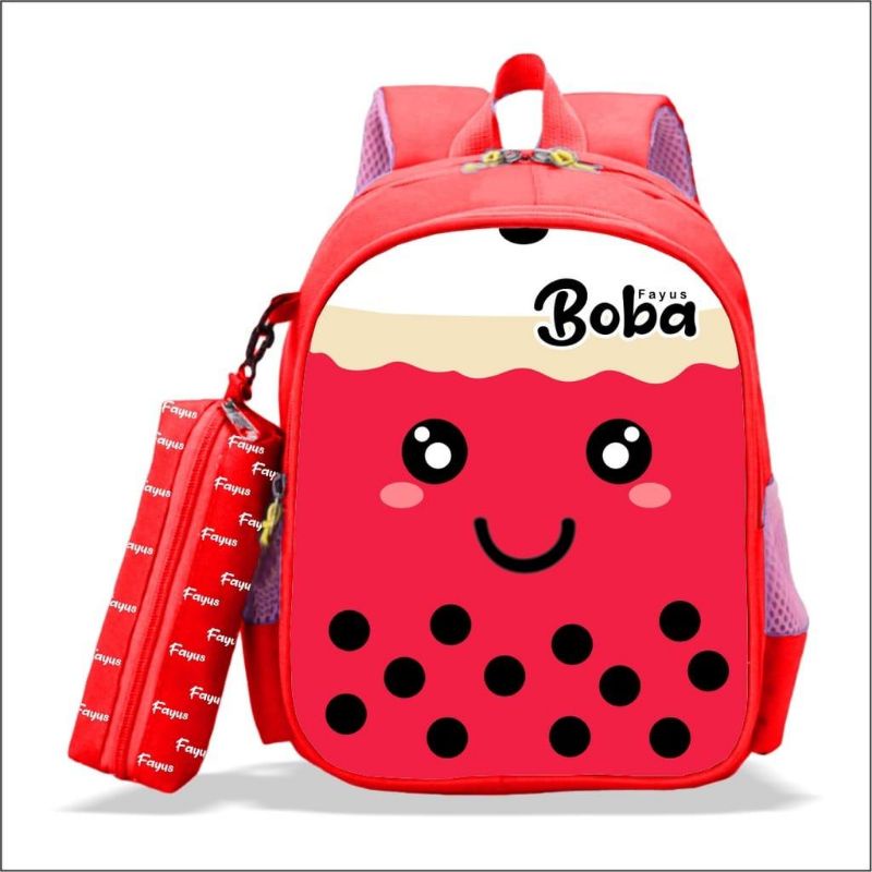 Tas Ransel Sekolah Anak Karakter BOBA Kartun Lucu Model 2in1 Gratis Tempat Pensil