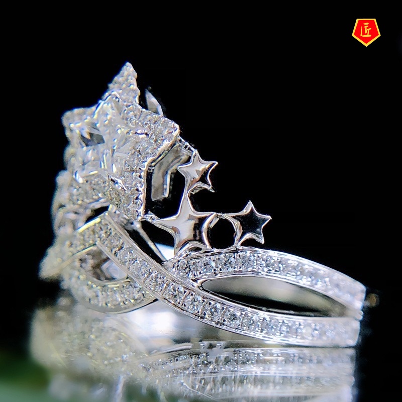 [Ready Stock]New Luxury Five-Pointed Star Diamond Crown Ring