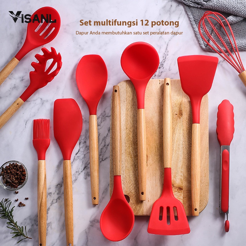 Sillicone Utensil Set 12 Pcs / Spatula Peralatan Masak sutil pegangan kayu baking set + wadah