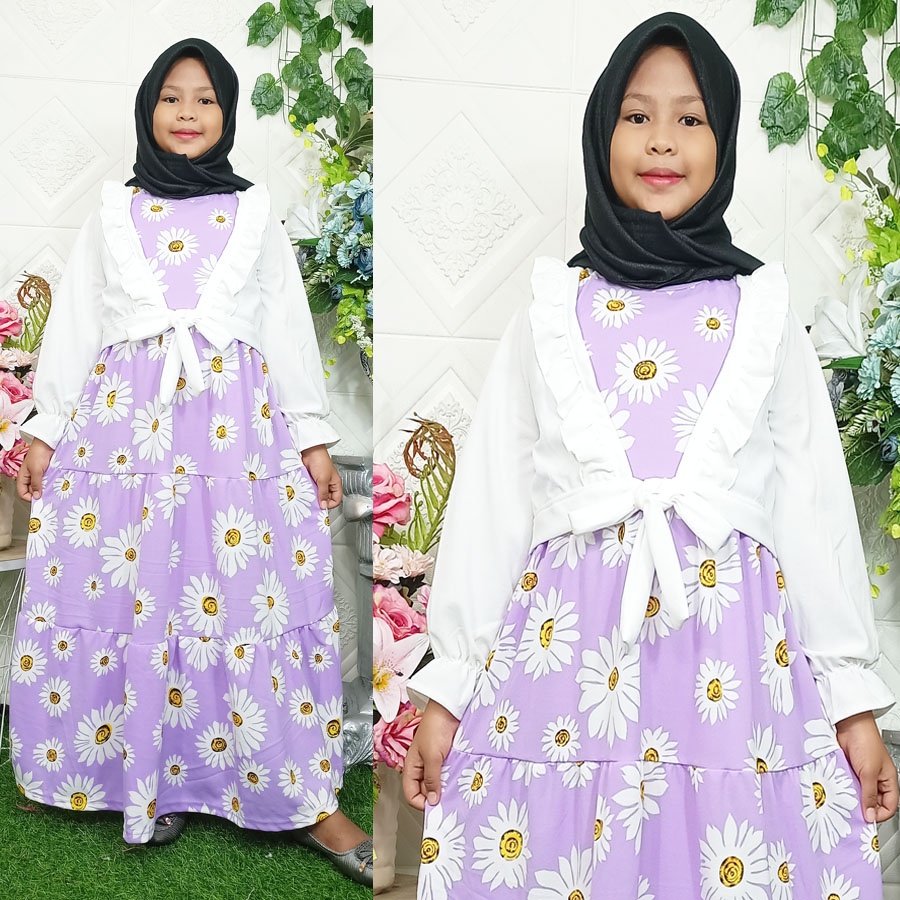 CARLINA – Gamis Anak Rompi Putih Ruffle Bunga Muslimah Kaaffah 3-13 tahun Dress Panjang Kids