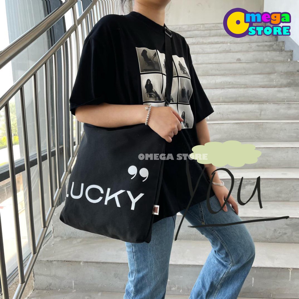 Tas Tote Bag Wanita Pria Resleting Terbaru Kekinian Motif LUCKY Fashion Korea Style Multifungsi  -263