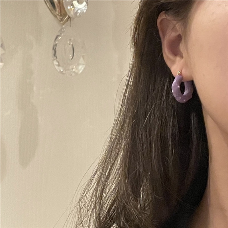 Anting Tusuk Gantung Desain Geometri Enamel Hias Mutiara Ungu Gaya Retro Untuk Wanita