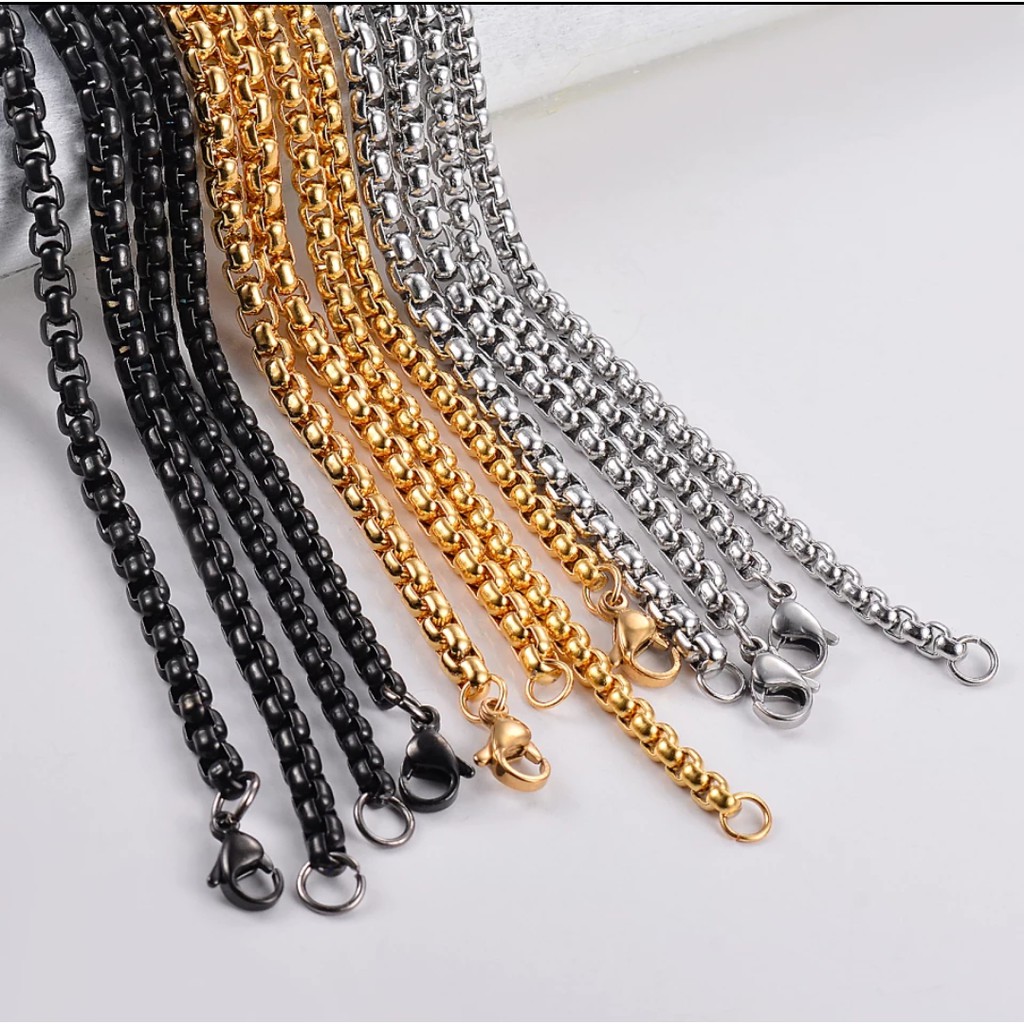 Kalung titanium pria cowo cowok anti karat asli rolo panjang 45 60 cm emas gold stainless steel 316L