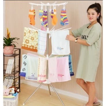 BELLA - RAK JEMURAN MENARA BAJU BAYI 3 SUSUN TRIPOD DENGAN HANGER ROTASI HANGER BAJU ANAK BAYI BABY HANDUK MENARA LIPAT