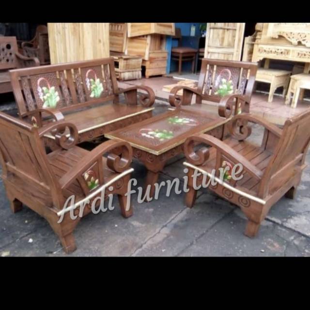 Kursi ruang tamu ukir lengkung meja kursi asli kayu jati mebel Jepara