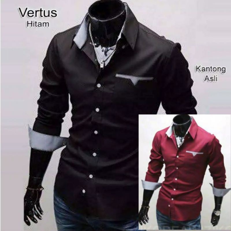 Melly81 COD Kemeja Pria VERTUS Hitam , marun pertus baju cowok Gosend gojek cepat sampai dropship
