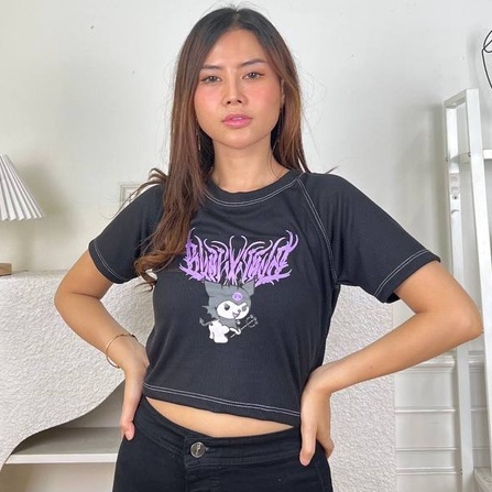 BEFAST - ZEC OOTD Tshirt Wanita DEVI / Crop Top Kuromi Purple RIB (LD 88, P 40) / Pakaian Wanita Remaja / Kaos Crop Combinasi Warna / Tshurt lengan pendek / Crop Top Motif / Kaos Casual Wanita / Crop Top Santai Rumahan / Termurah / keluaran Terbaru