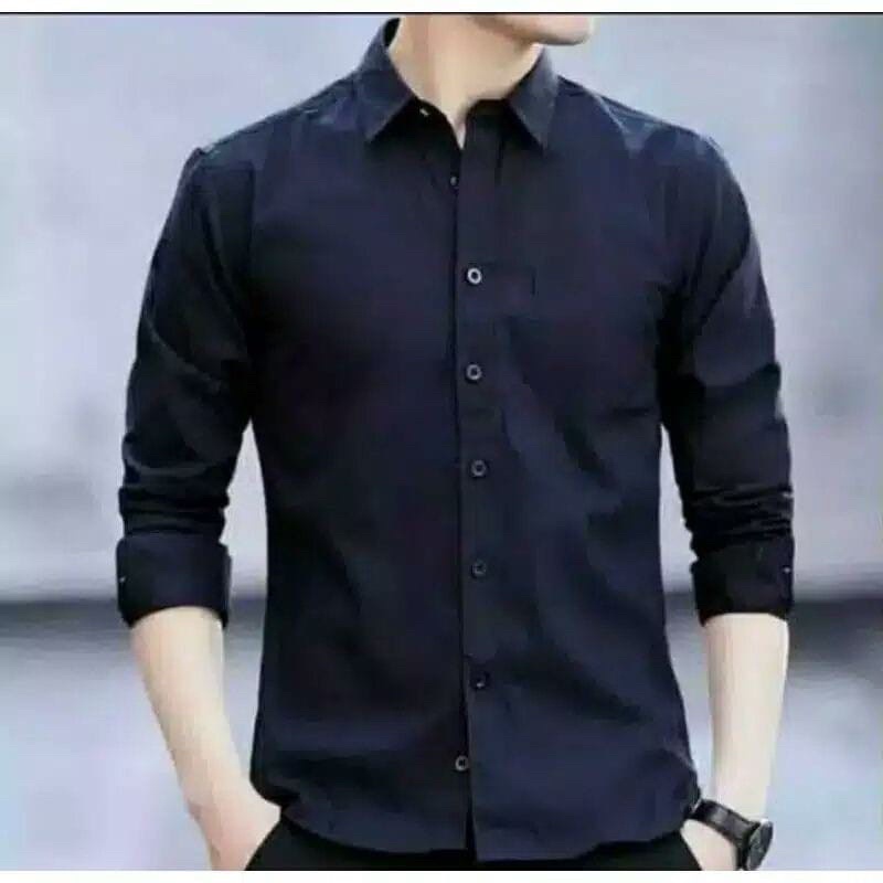 kemeja cowok polos lengan panjang slimfit hem pria kantor hitam navy putih maron army