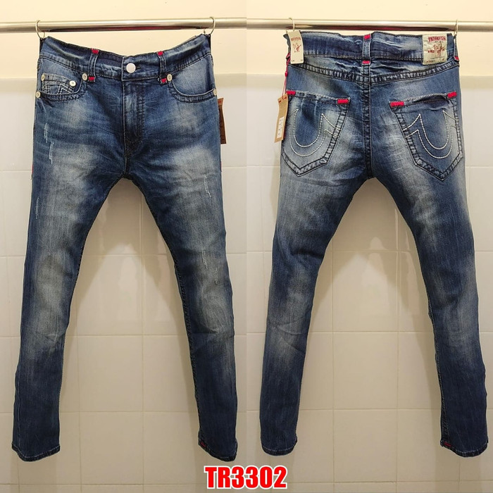Celana Panjang pria TRUE RELIGION light blue red rocco jeans import