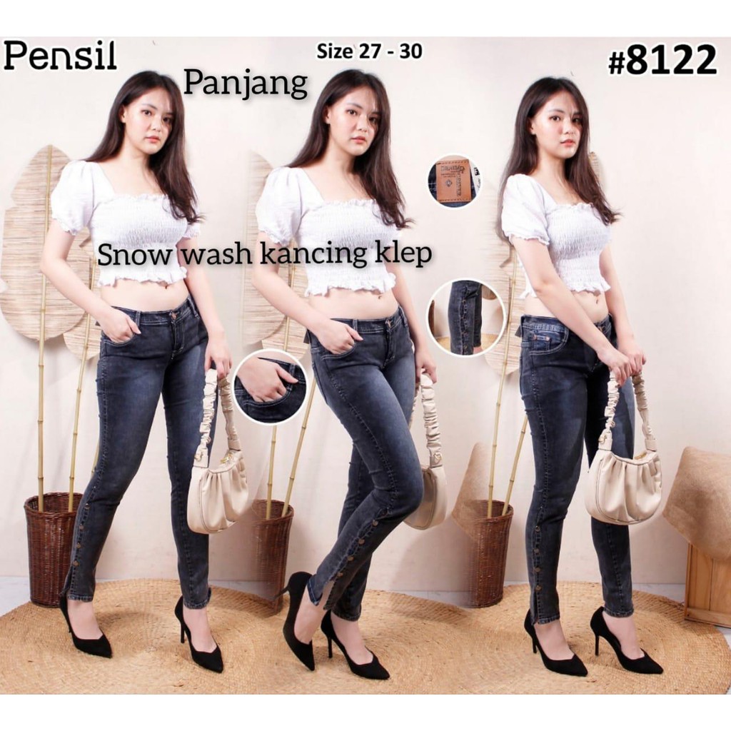 Celana Panjang Jeans Wanita Pensil Kancing Klep Samping 27-30 Bisa Bayar Ditempat(COD)