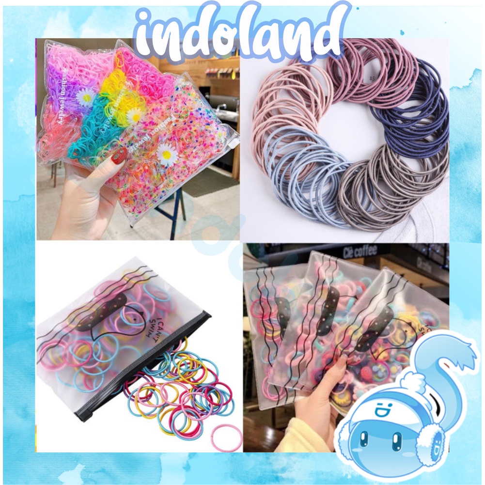 INDOLAND  Ikat Karet Rambut 100 pcs + Bag Warna Polos Ikat Rambut Elastis COD R209 R398 R547