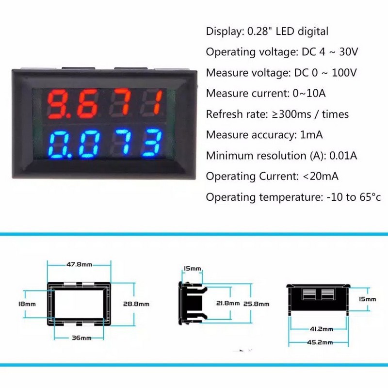 VoltMeter 4 Digit Digital Mini DC 0-100V 10A Ampere Volt Meter Tampilan Ganda Ammeter