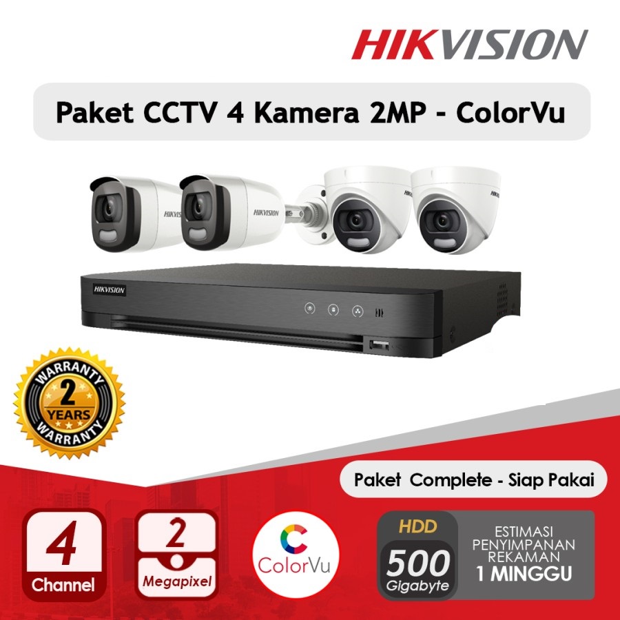 Paket CCTV HIKVISION 2MP 4 Kamera COLORVU HDD 500GB Siap Pasang