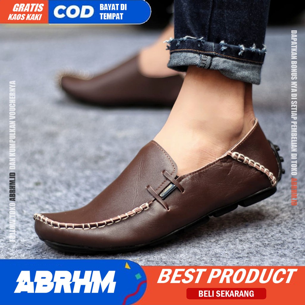 ABRHM x MOCLEA Sepatu Kasual Pria Sepatu Pria Casual Kulit Asli Slip Sepatu Kerja Original Keren Sepatu Slop Anti Slip Mocasin Sepatu Kerja Kantor Semi Formal Kuliah Kondangan Gaya keren Kekinian Murah Terlaris