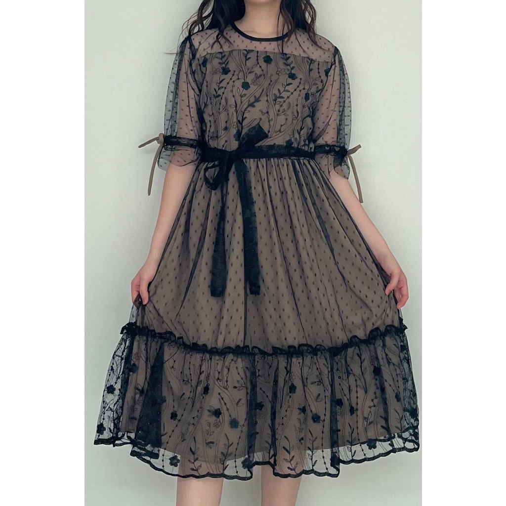 New Product Ken-186 Dress Kondangan Dress Pesta Dress Wanita Mewah A-Line Dress Korean Look Style Full Brukat with Tali Pinggang