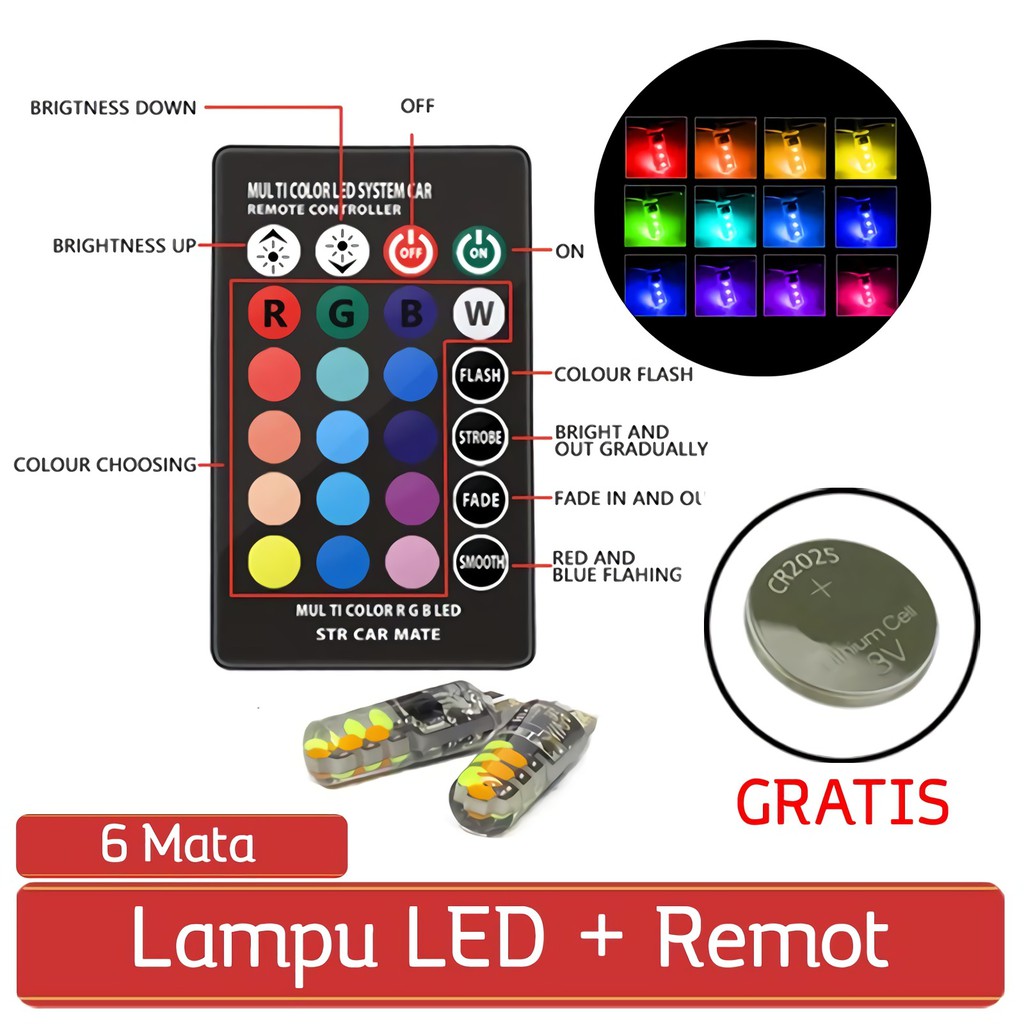 Lampu Senja + Remote Gratis Baterai 6 Mata Motor/Mobil LED RGB Racing COB T10 TE-0075-001-T10