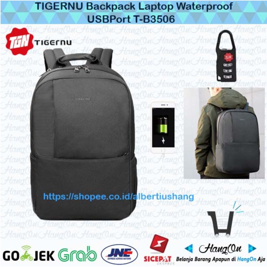 TIGERNU Backpack Tas Laptop up to 15,6&quot; Waterproof &amp; USBPort T-B3506