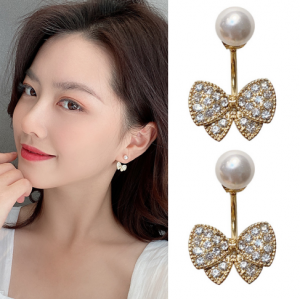 Ig Anting Tusuk Silver S925 Bentuk Pita Aksen Mutiara+Berlian Imitasi Untuk Perhiasan Wanita