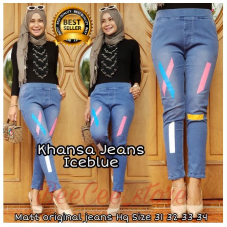 KHANSA jeans aplikasi sablon warna pinggang full karet