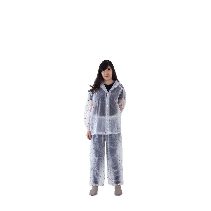 Jas Hujan Setelan / Mantel Hujan/ Raincot Transparan Polkadot