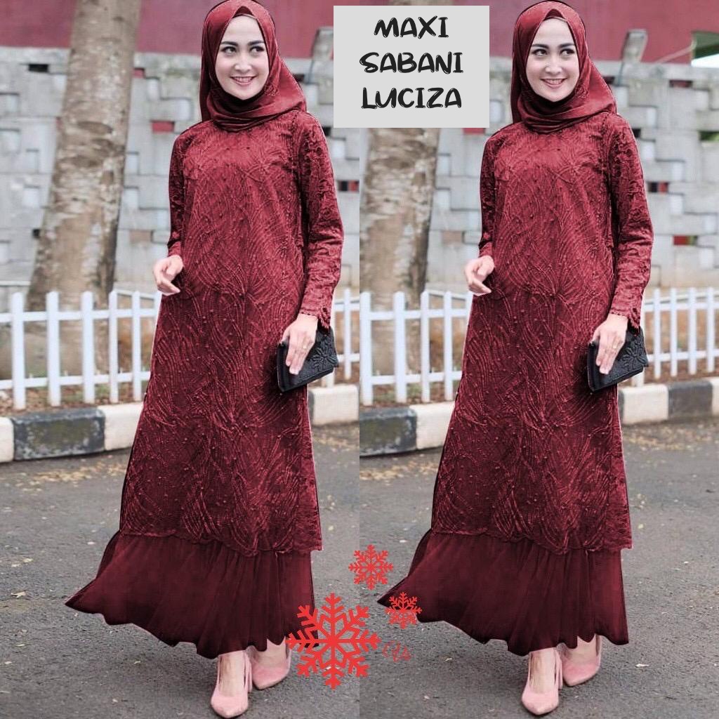 Sabani Gamis Terbaru Brukat Tile Pesta Seragam Kondangan Maxi Dress Muslim Remaja Wanita Ukuran Jumbo - Size M L XL XXL