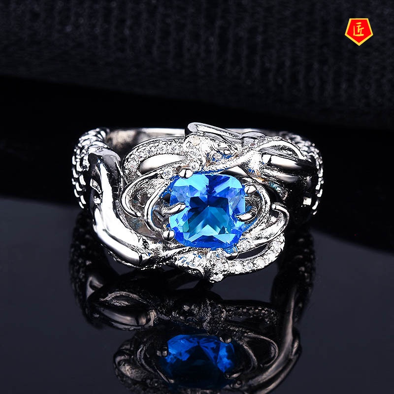 [Ready Stock]Creative Mermaid Ring Inlaid with Topaz Sapphire