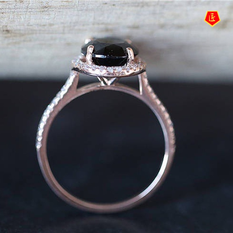 [Ready Stock]Inlaid Black Gem Rose Gold Ring Fashionable and Elegant