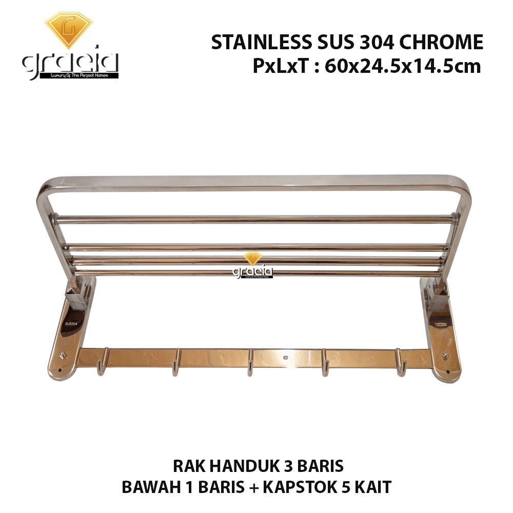 gantungan baju Rak Handuk / Gantungan Baju Handuk Stainless SUS 304 Anti Karat 5 Baris + Gantungan Baju 5Kait