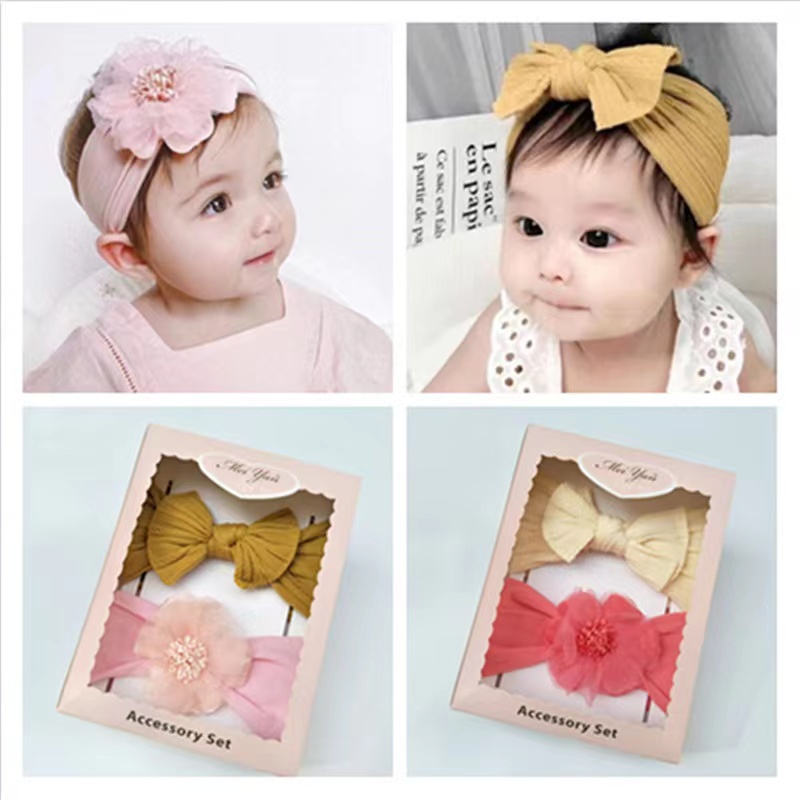 [1KG 16PCS] LBS Set Bandana Dua Box Bayi Anak dengan Model Ikatan Pita dan Bunga Bervariasi